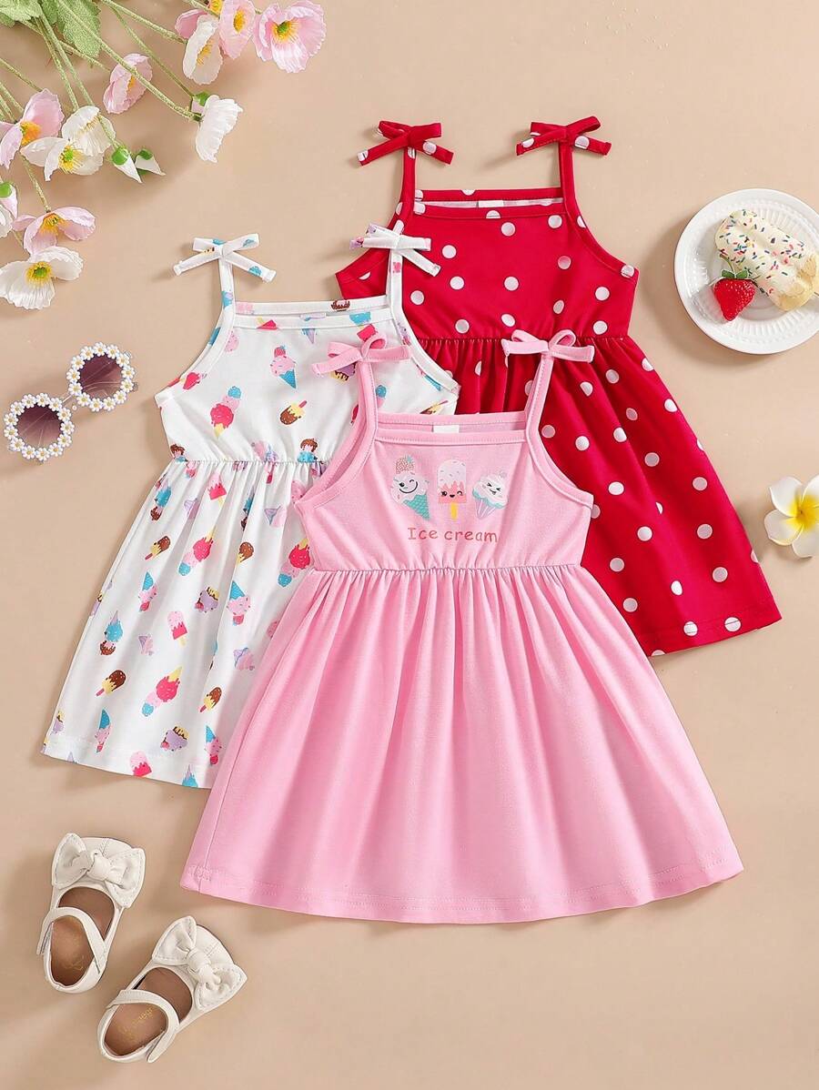 3pcs/Set Baby Girl Sweet Ice Cream Embroidered Strap Dress Set, Summer - Multicolor - View 1