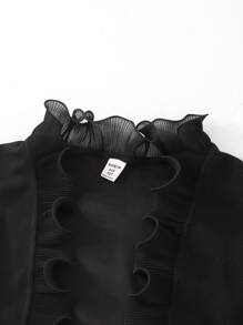 Tween Girl Elegant Solid Color Puff Sleeve Ruffle Trim Jacket Fall Winter - Black - View 7