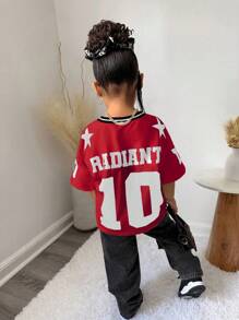 年轻女孩休闲街头风V领宽松短袖衬衫红色球衣足球T恤 - 紅色 - 查看 2