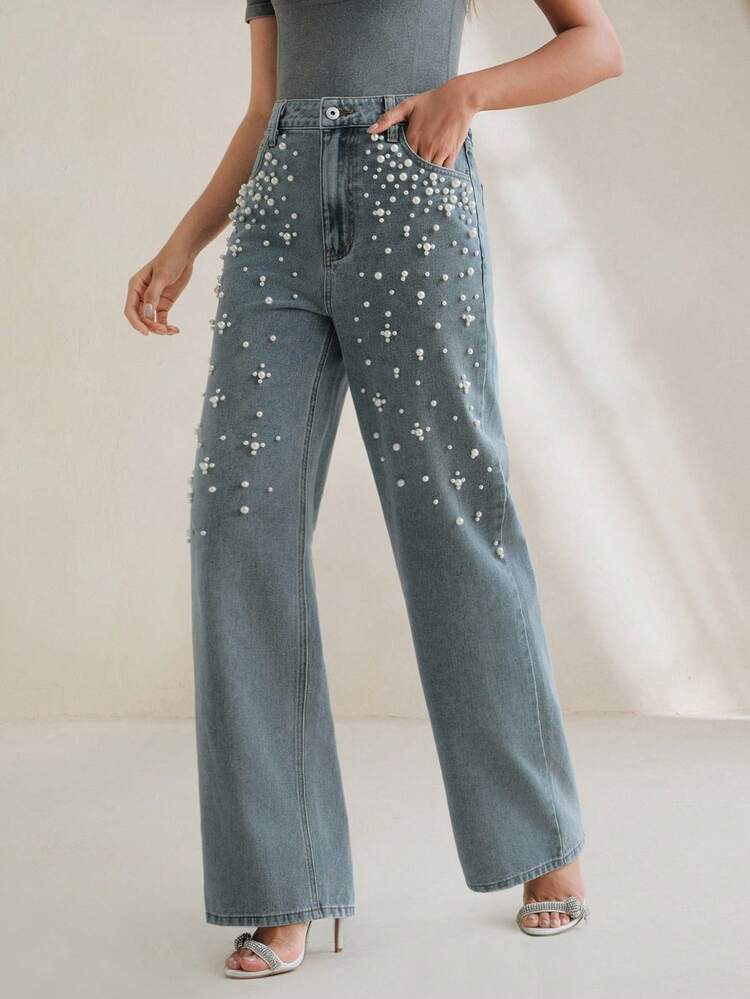 Jeans Elegantes Femininos de Perna Reta com Contas, Perna Larga Solta, Moda, Outono/Inverno