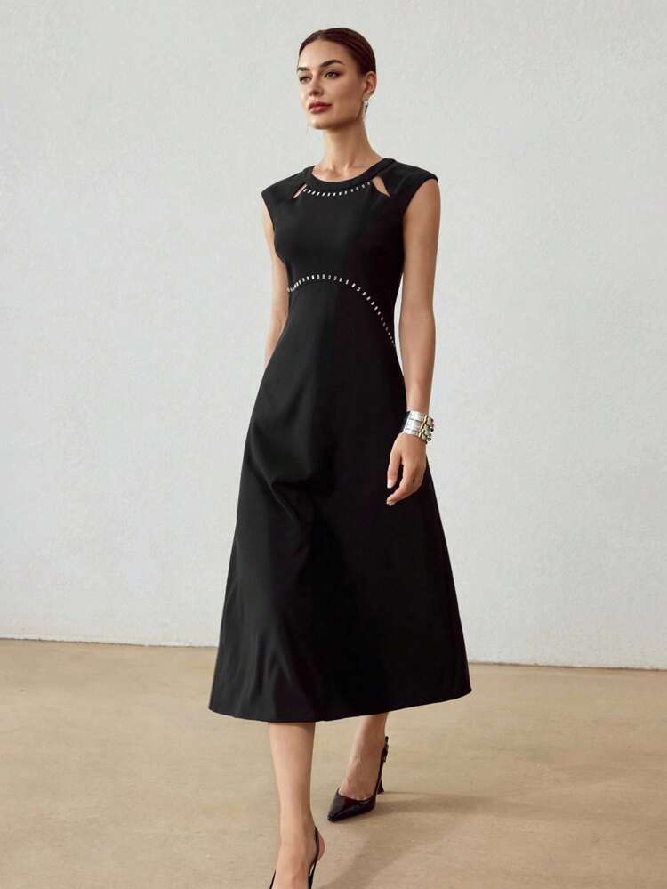 SOLID RHINESTONE DETAIL CUTOUT FLOWY HEM DRESS