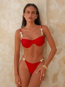 Swim Chiccia Bộ đồ bơi bikini 2 món cho nữ đi biển mùa hè, áo top push-up có gọng, dây vai điều chỉnh được, buộc lưng, chất vải bóng đơn giản, kèm quần bikini thong - Đỏ - Xem 4