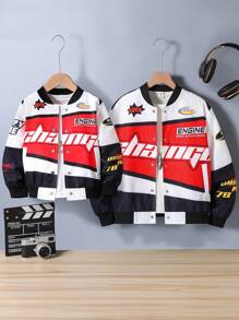 Tween Boy Jacket, Colorblock Print Design, Black Red White Combination, Fashion Casual Streetwear, Spring Autumn - White - View 4