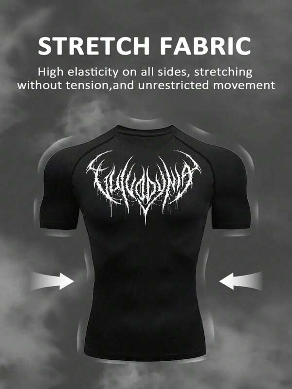 Manfinity Sport Corelite Men's Gothic Print Raglan Sleeve Short Sleeve Casual Fitness Workout T-Shirt Workout Tops Compression Shirt  Breathable