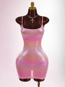 SHEIN X Scot Louie Amplova Đầm ôm body dây mảnh màu nhũ kim loại cho nữ - Hồng - Xem 3