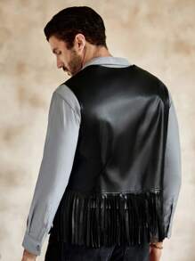 HIMLAND Men's Casual PU Leather Sleeveless Fringed Solid Color Western-Style Vest, Country Concert Cowboy Vest, Grunge - Black - View 2