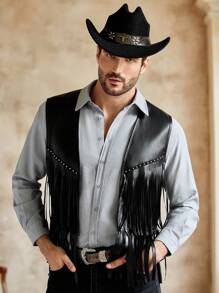 HIMLAND Men's Casual PU Leather Sleeveless Fringed Solid Color Western-Style Vest, Country Concert Cowboy Vest, Grunge - Black - View 3