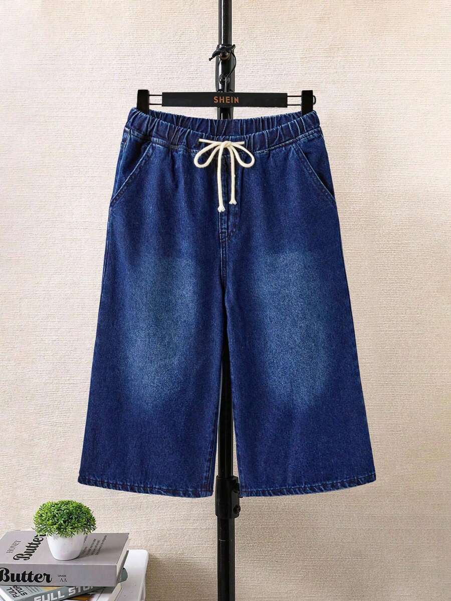 SHEIN 青少年男童抽绳腰带口袋阔腿休闲5英寸牛仔短裤 - 深色水洗藍 - 查看 1