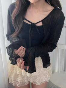 2pcs Women Tight Camisole & Sheer Cardigan Set, Solid Color Cute Top, Autumn Vacation Lounge Sets For Women - Black - View 8
