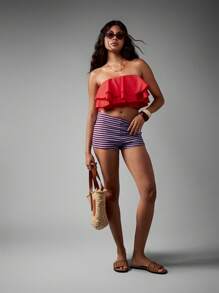 AiiRZ Strapless Ruffle Crop Top Summer Beach Party Festival Double Layer Ruffled Bandeau Cotton Poplin Casual Club Vacation Night Out - Red - View 4