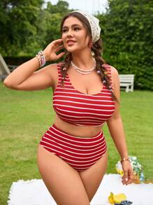 Swim Mod Plus Size Women Two-Piece Swimsuit Set With Adjustable Spaghetti Straps Top And High Waist Shorts, Suitable For Vacation For Summer