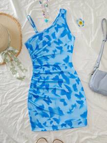 青少年女孩优雅休闲度假连衣裙，单肩蝴蝶印花紧身针织连衣裙，适合春夏季外出和度假 - 藍色 - 查看 2