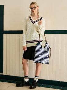 LOONEY TUNES X SHEIN Women Striped Cartoon Rabbit Print Shoulder Bag - Blue - View 3