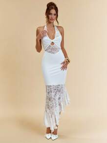 SHEIN BAE Women's White Halter Ruched Bust Semi-Sheer Flared Hem Sexy Elegant Lace Patchwork Knit Dress - White - View 7