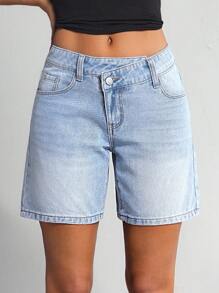 SHEIN Tall 女士休闲水洗不对称腰线牛仔短裤，夏季 - 淺色水洗藍 - 查看 3