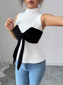 Rafferiza Elegancki damski sweter bez rękawów z kolorowymi blokami i kokardą - Czarne i Białe - Zobacz 5