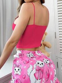 Cute Red Knit Sleeveless Crop Pajama Top With Cat Print For Women Cartoon Pajamas Women - Red - View 2