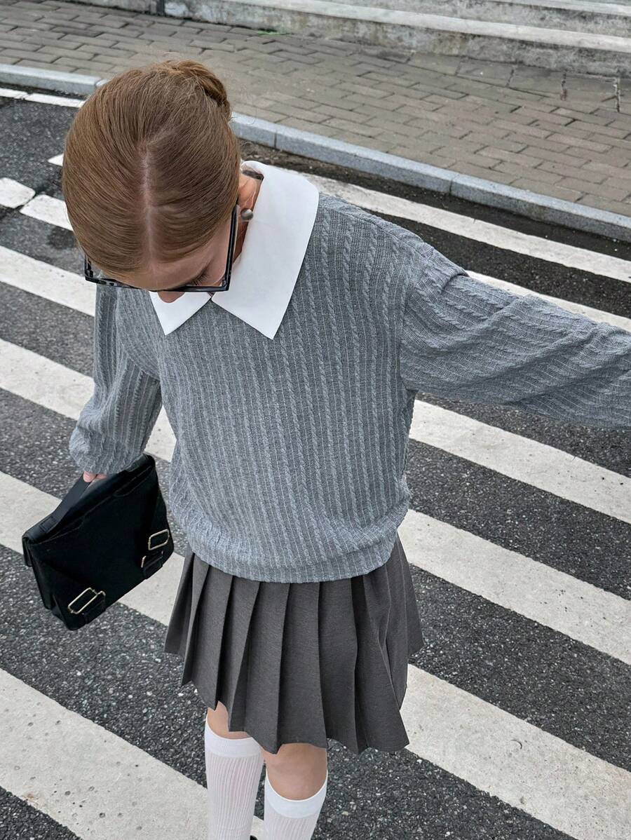 SHEIN 2 件套青少年女孩休闲二合一运动衫上衣 + 灰色百褶裙套装，适合秋季通勤/日常穿着秋冬 - 灰色 - 查看 1