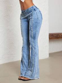 Jeanoix 大码喇叭裤，配太阳徽章纽扣和孔眼，低腰 - 中等水洗藍 - 查看 5