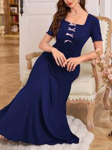 女士休闲皇家蓝睡裙，方领设计，饰有时尚荷叶边细节，蓝色连衣裙，女士长裙，休闲连衣裙，方领连衣裙，蝴蝶结连衣裙 - 寶藍色 - 查看 5