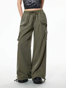 SHEIN Unity Women's Streetwear Solid Color Drawstring Cargo Pants, Summer Fall Cloth For Women - Army Green - View 1