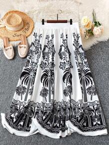 DreamSkyne Rok Motif Pohon Palem Bohemian untuk Wanita Ukuran Besar - Hitam dan Putih - View 1