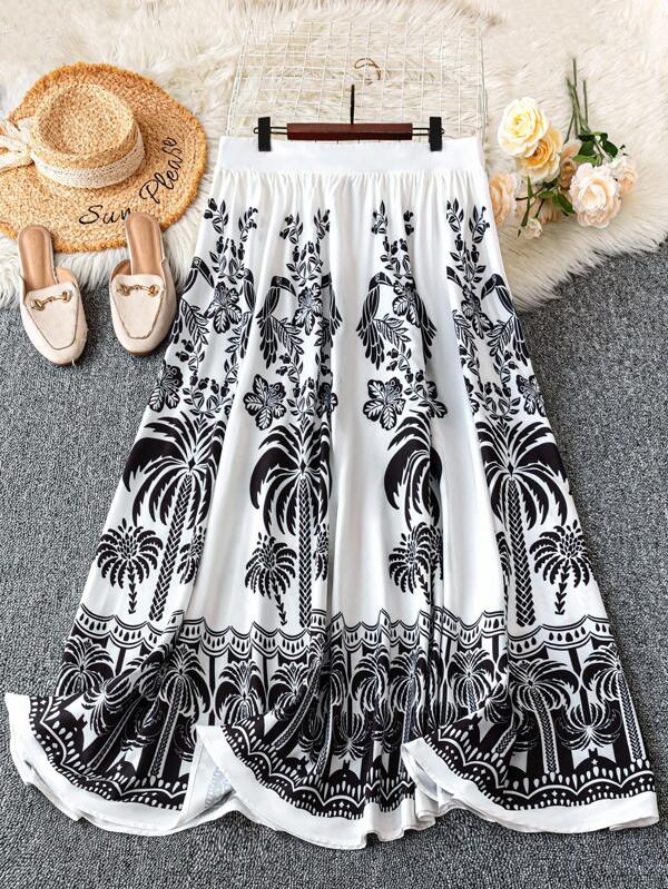 DreamSkyne Plus Size Women's Bohemian Palm Tree Print Skirt
