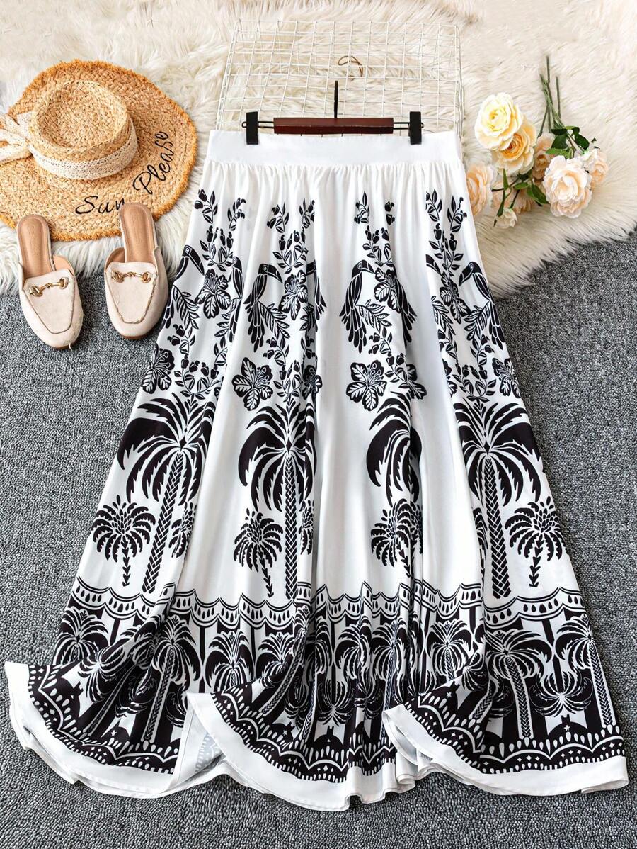 DreamSkyne Rok Motif Pohon Palem Bohemian untuk Wanita Ukuran Besar - Hitam dan Putih - View 1