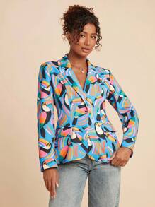 Travachic 女式鹦鹉印花单排扣休闲西装外套、女式西装外套、巨嘴鸟西装外套、印花西装外套、女士西装外套、度假、度假风格、节日庆典、女士海滩、毕业典礼、秋季、秋天、老钱风格、巨嘴鸟西装外套 - 藍色 - 查看 4