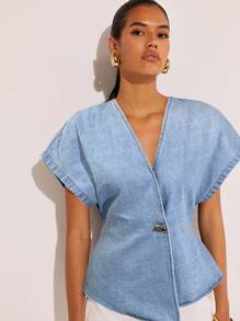 COSMINA 女式单扣蝙蝠袖时尚牛仔衬衫，夏季 - 淺藍色 - 查看 3