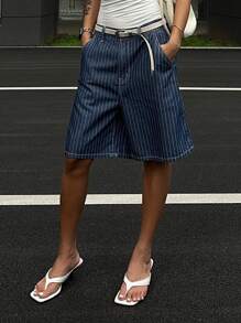 DAZY 女式宽松街头风格条纹直筒七分牛仔短裤 - 深色水洗藍 - 查看 5