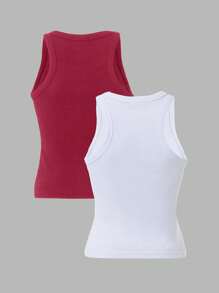 EURMUSE Cotton 2pcs Women Solid Color Ribbed Casual Tank Tops With Round Neck - Red and White - View 2