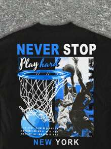 SHEIN Leap Crew Camiseta de manga corta con cuello redondo y gráfico de baloncesto informal para niño preadolescente, adecuada para el verano - Negro - Ver 3