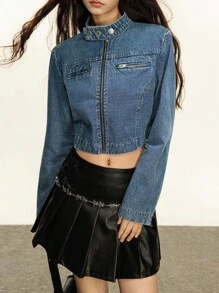 Rivivi Women's Casual Distressed Cropped Denim Jacket - Medium Wash - View 8