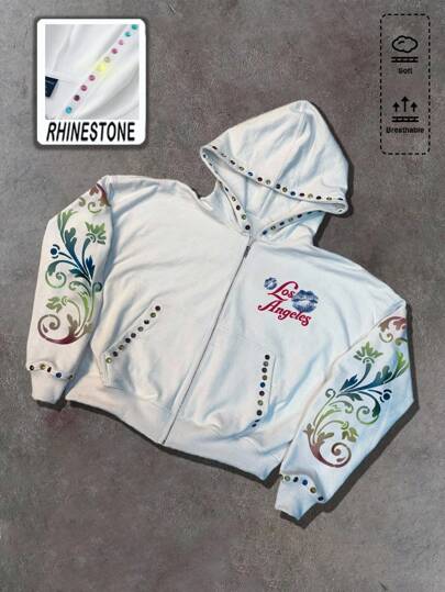 Street Life Sudadera con capucha de hombre con estampado de letras y flores y adorno de rhinestones