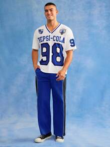 PEPSI X SHEIN 男士休闲V领字母印花短袖T恤，夏季 - 白色 - 查看 4