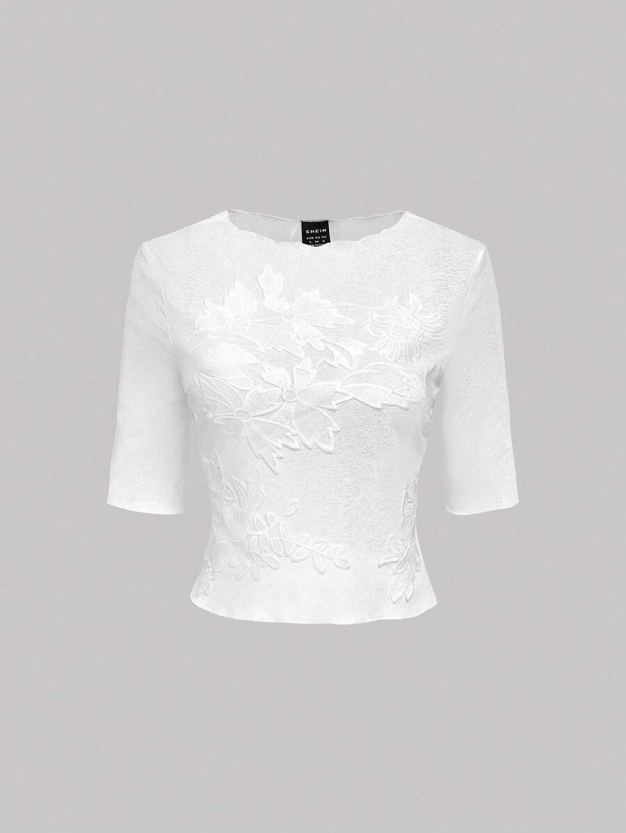 SHEIN MOD Women's Simple White Floral Embroidered Round Neck Mid-Sleeve T-Shirt, Summer,Back To School Clothes,Office Wear Women,Old Money Style Women,Teacher Outfits,Vacation Outfits Women - White - View 1