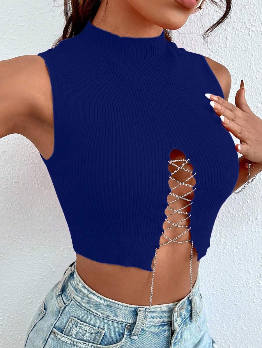 Chiquease 女士链条系带立领无袖性感针织上衣，适合大学穿着的针织毛衣 - 水鴨藍 - 查看 1