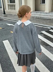 SHEIN 2 件套青少年女孩休闲二合一运动衫上衣 + 灰色百褶裙套装，适合秋季通勤/日常穿着秋冬 - 灰色 - 查看 2