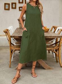 Omancia 女式休闲无袖太阳裙，带双口袋，超长度假海滩装 - 綠色 - 查看 3