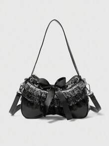 ROMWE Kawaii Geantă de umăr cu volane din dantelă în carouri pentru femei la modă