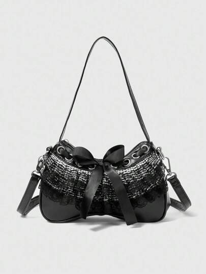 Kawaii حقيبة كتف نسائية بتصميم جديد من القماش المربع المزين بالدانتيل والكشكشات