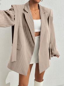 EURMUSE 小码女式白色条纹休闲西装外套 - 米色 - 查看 4