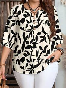 EMERY ROSE 大码女式夏季休闲黑白树叶印花衬衫，假日风格 - 黑與白 - 查看 1