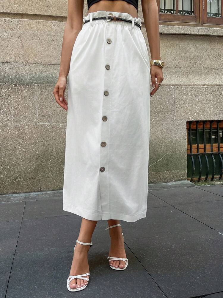 Women's Solid Color Ruffle Waistline Single-Breasted Long Casual Skirt White Midi Skirt Summer Midi Skirt Linen Midi Skirt White Button-Front Skirt White Linen Skirt
