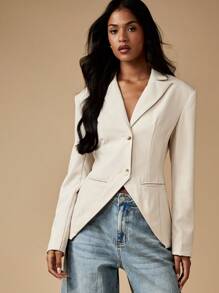 MISSGUIDED Elegant Tailored Professional Fitted Blazer With Side Welt Pockets Two Button Front Suit Jacket For Office Work Business Career Party Formal Evening Wear - Apricot - View 1