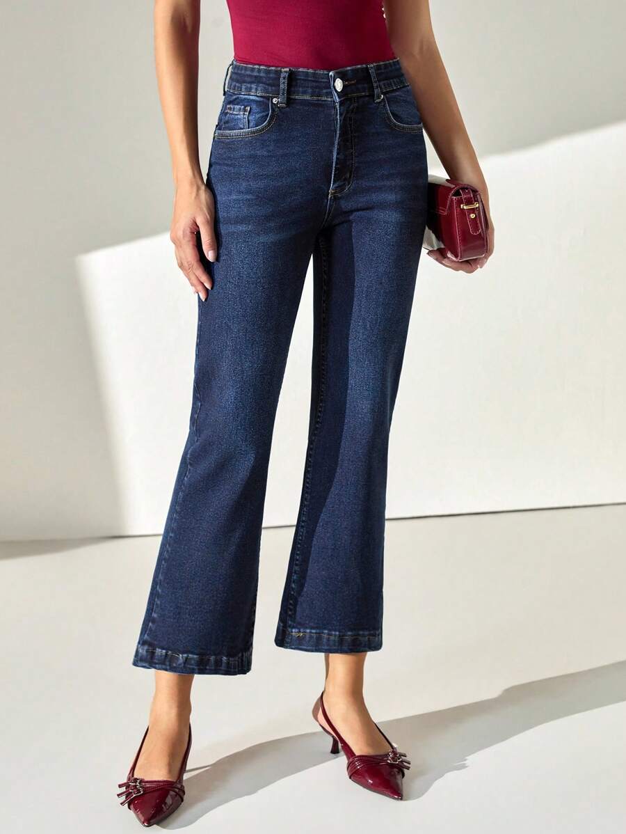 Mid Waist Dark Wash Elegant Flare Jean - Dark Wash - View 1