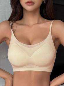 DAZY Sujetador de lencería para mujer de unicolor, sin costuras, con tirantes ajustables y ligeramente acolchado - Beis - Ver 5