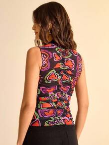 CAJUNI Top transparent ajusté sans manches avec motif cœur tropical pour femmes - Multicolore - Voir 2