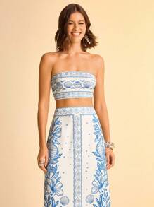 CAJUNI 女式波西米亚风蓝白热带海洋贝壳印花露背短款上衣和长裙休闲度假海滩 2 件套 - 藍白色 - 查看 1